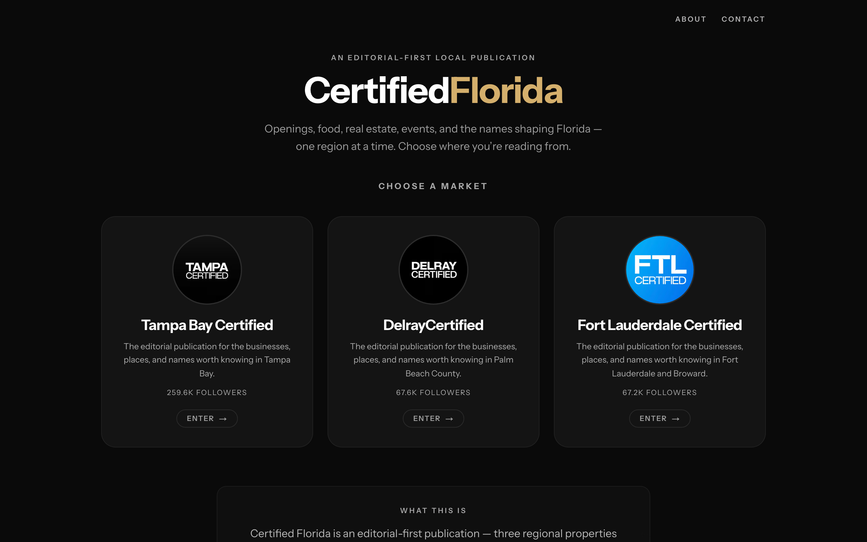 The Certified Florida homepage showing the Tampa Bay, Delray, and Fort Lauderdale publications